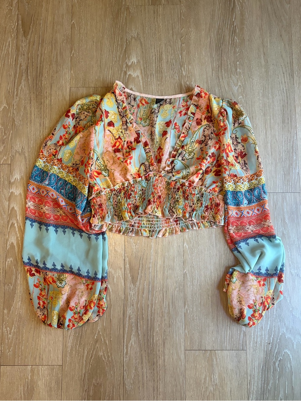 Sage & Coral Floral Smocked Cropped Peasant Top - Picture 4 of 13